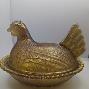 Hen on a Nest Indiana Glass Amber Marigold Carnival Iridescent Vintage